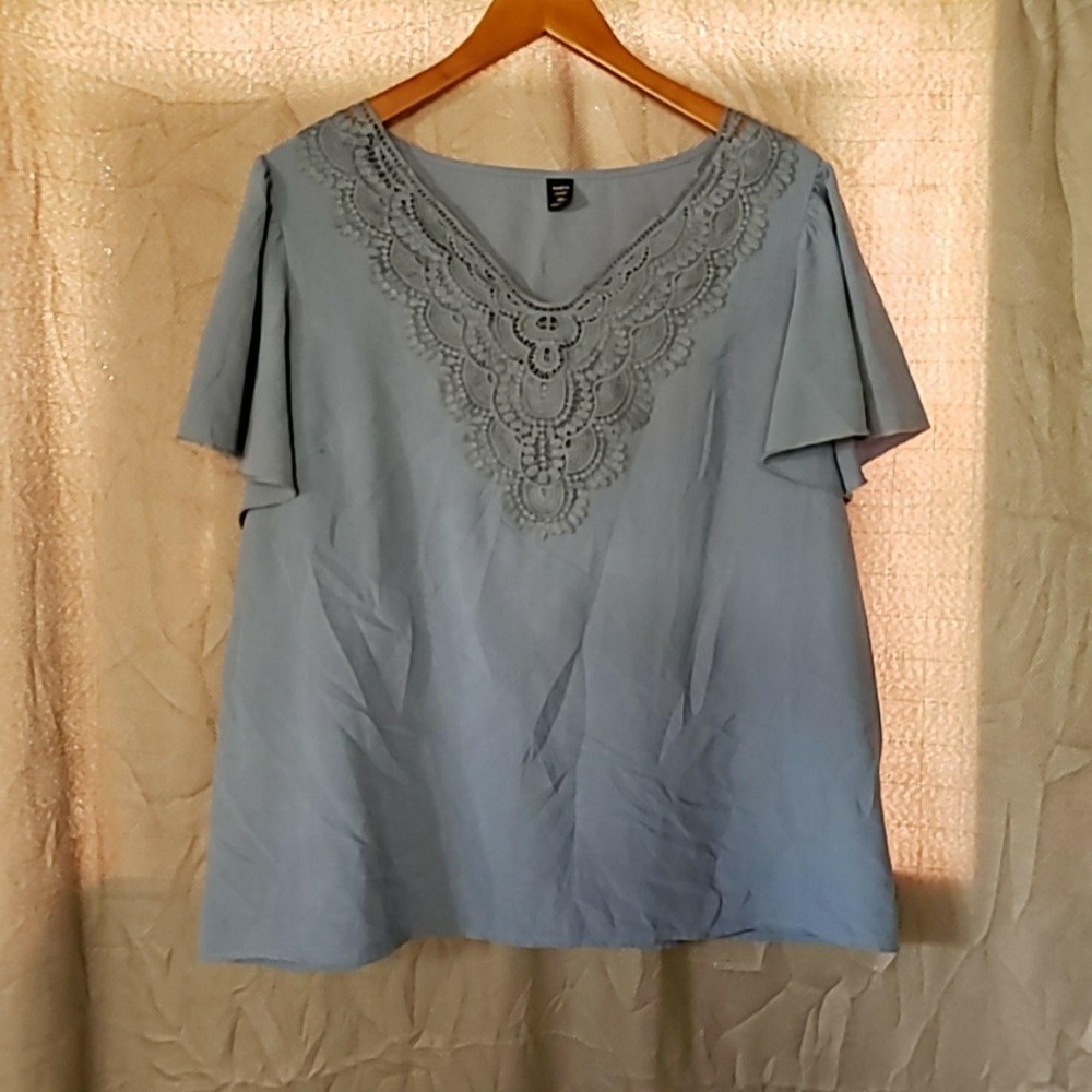 SheIn Blouse Womens Plus 2XL Blue Scoop Neck Short Flutter Sleeve Tunic Top